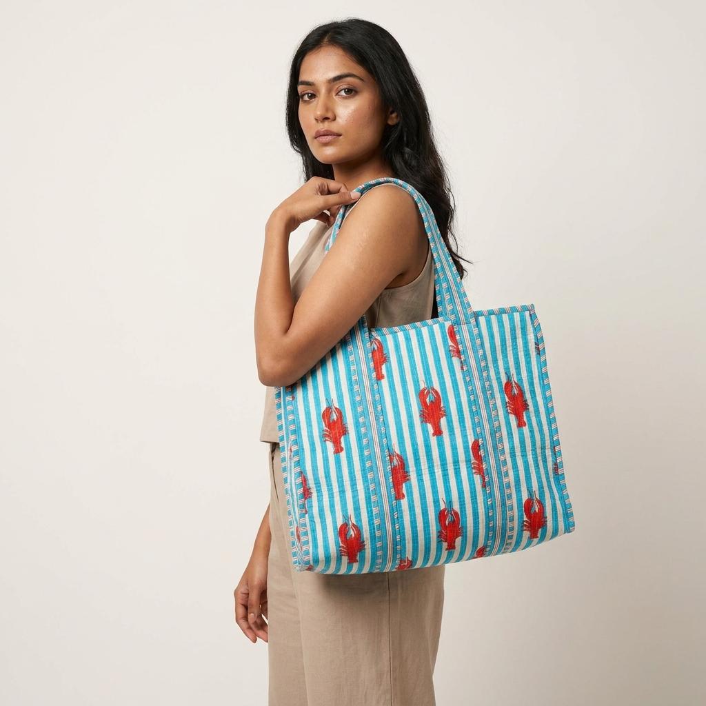 Lobster Print Quilted Shoulder Tote Bag, Handcrafted Cotton Travel Purse, Blue Striped Shopping Bag