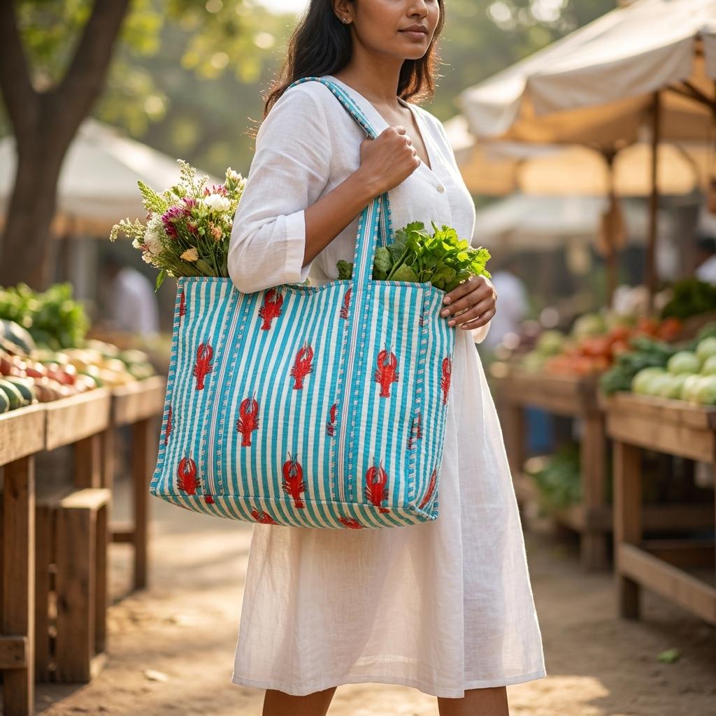 Lobster Print Quilted Shoulder Tote Bag, Handcrafted Cotton Travel Purse, Blue Striped Shopping Bag