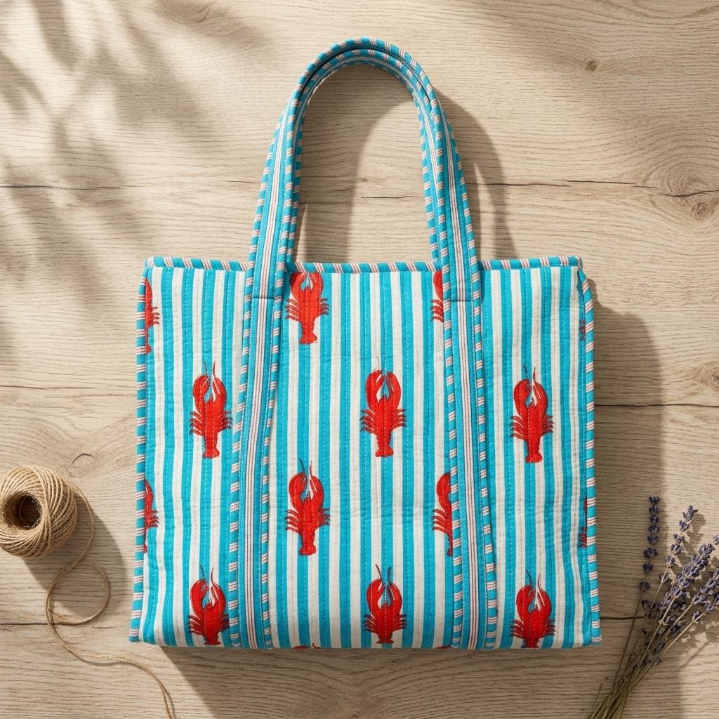 Lobster Print Quilted Shoulder Tote Bag, Handcrafted Cotton Travel Purse, Blue Striped Shopping Bag