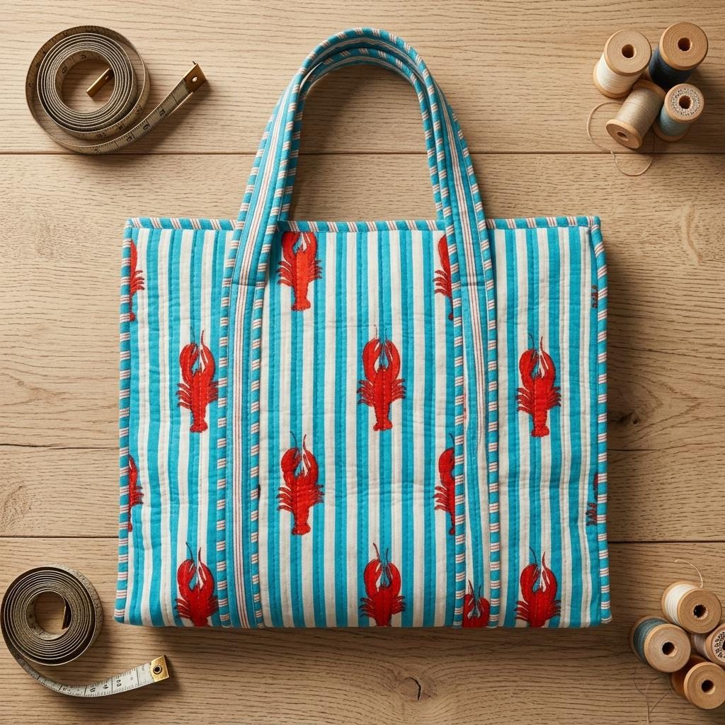 Lobster Print Quilted Shoulder Tote Bag, Handcrafted Cotton Travel Purse, Blue Striped Shopping Bag
