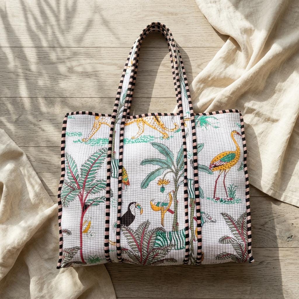 Quilted Jungle Safari Cotton Tote Bag Handmade Animal Print Shoulder Market Purse Gift Her