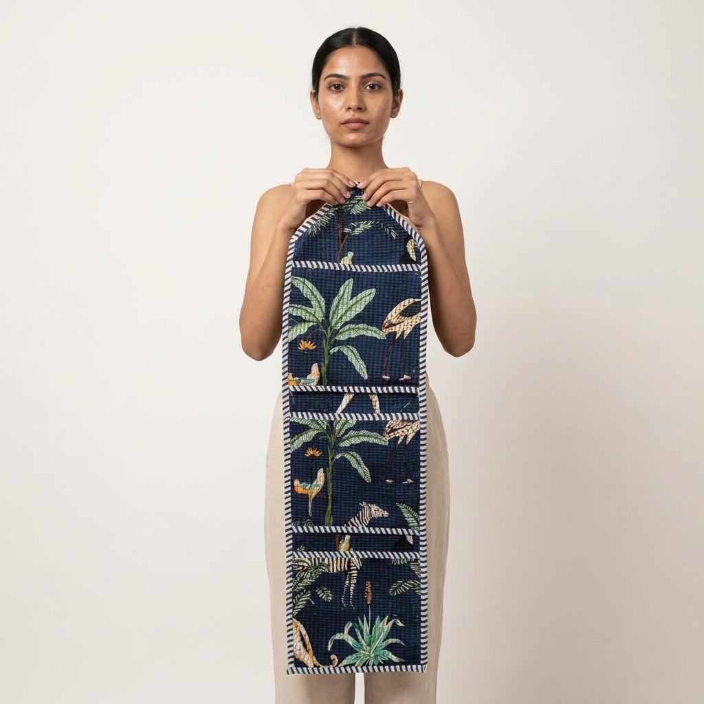 Safari Fabric Wall Hanging Organizer, Handcrafted Cotton Pocket Storage, Jungle Print Mail Holder