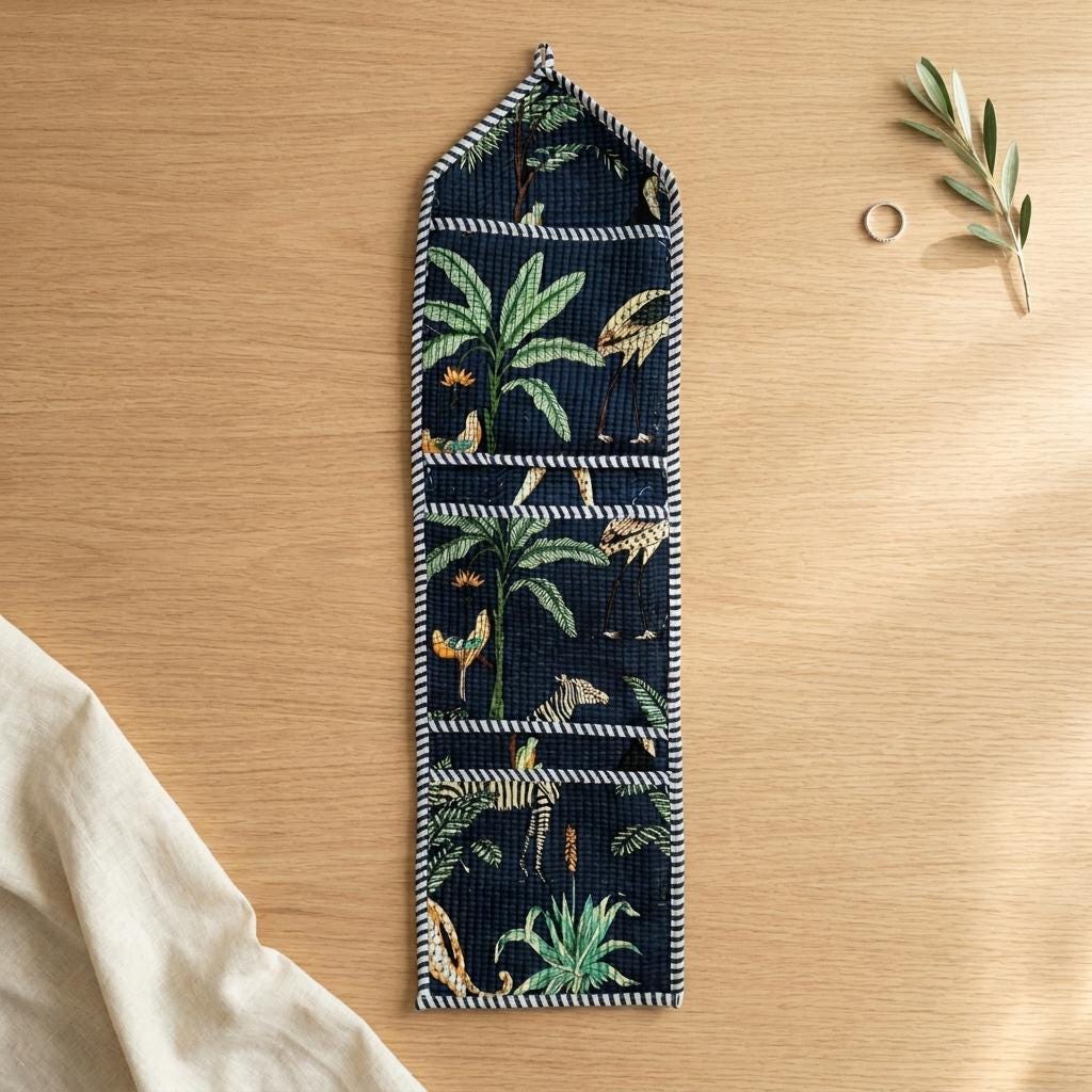 Safari Fabric Wall Hanging Organizer, Handcrafted Cotton Pocket Storage, Jungle Print Mail Holder