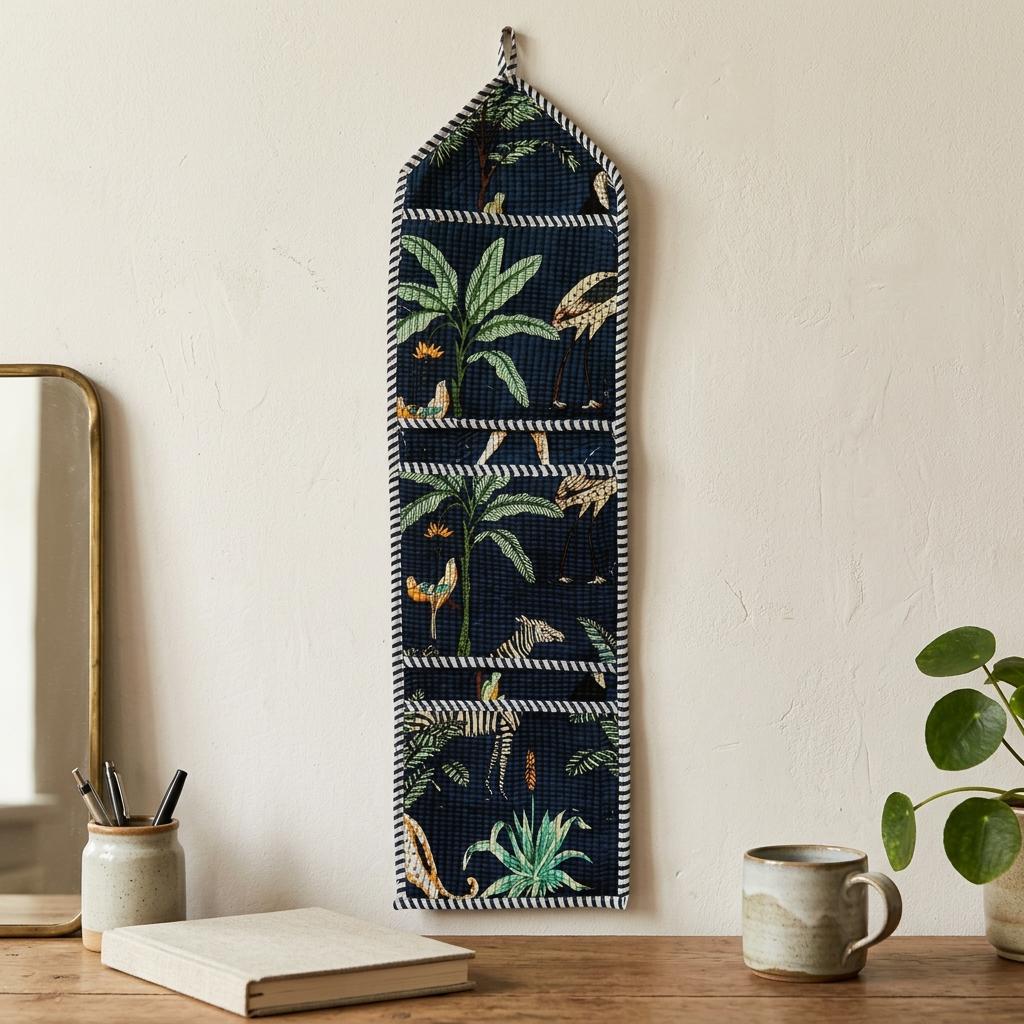 Safari Fabric Wall Hanging Organizer, Handcrafted Cotton Pocket Storage, Jungle Print Mail Holder