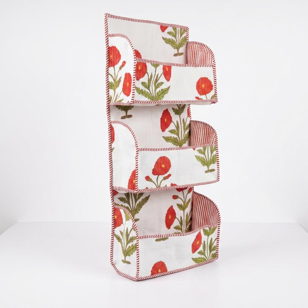 Hanging Wall Organizer with Pockets – Red Poppy Floral Fabric Storage for Bedroom, Office & Entryway