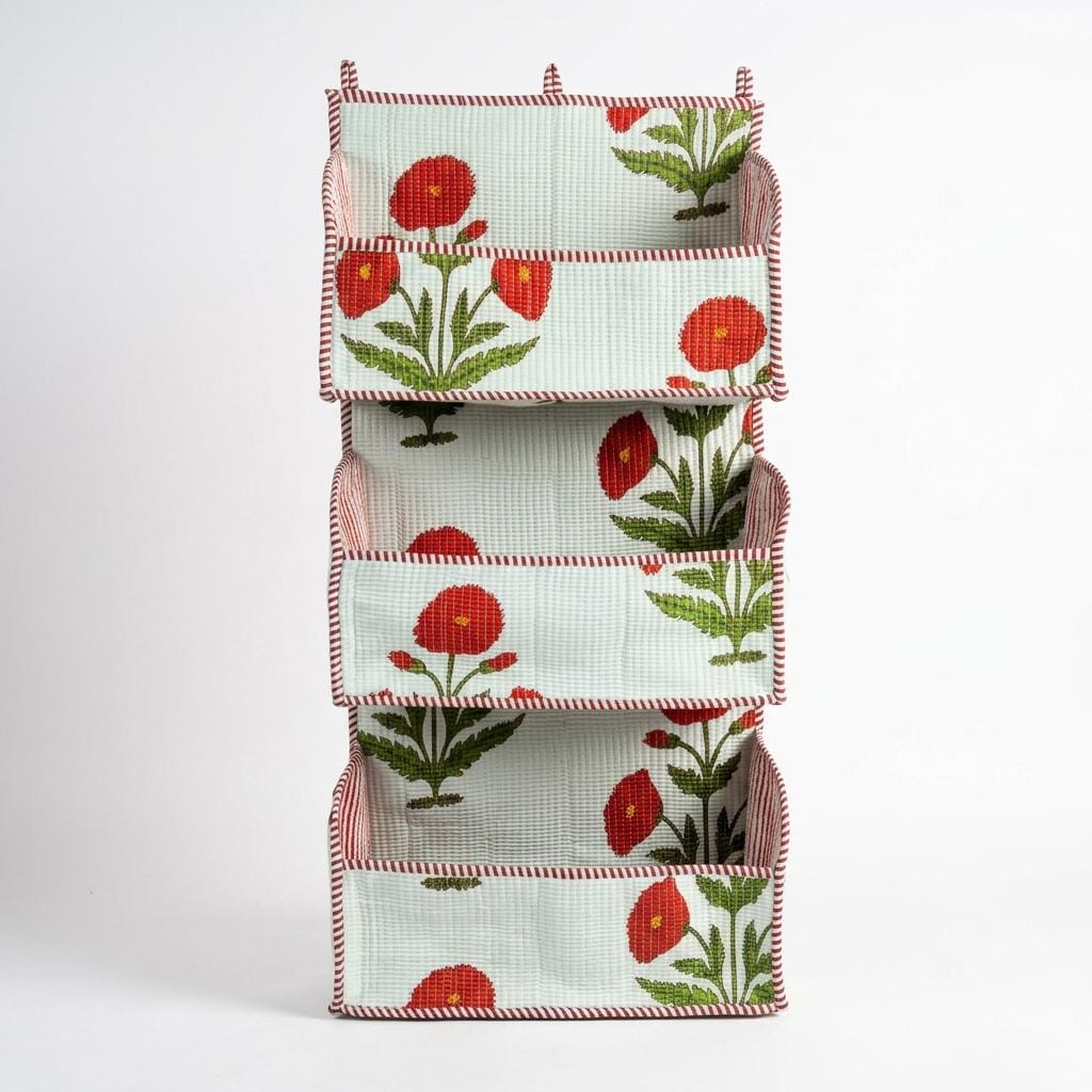 Hanging Wall Organizer with Pockets – Red Poppy Floral Fabric Storage for Bedroom, Office & Entryway