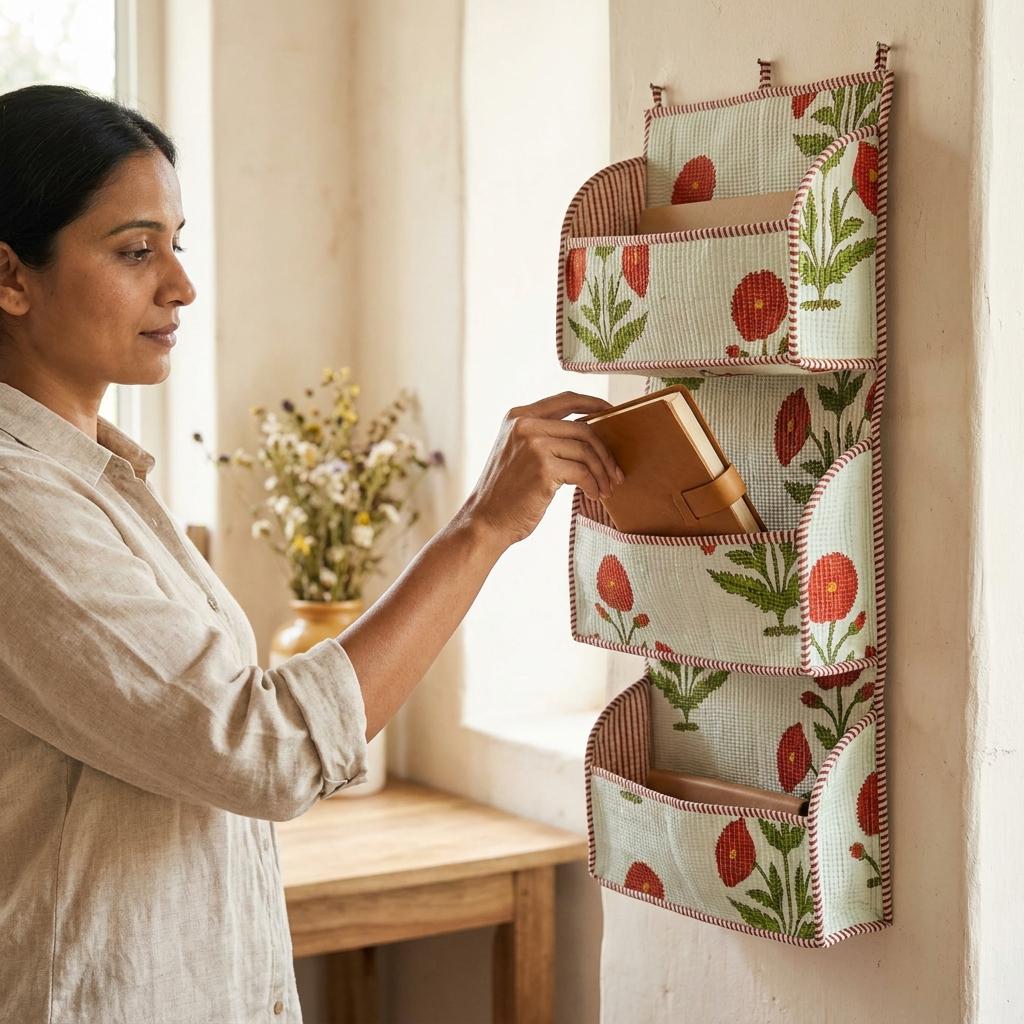 Hanging Wall Organizer with Pockets – Red Poppy Floral Fabric Storage for Bedroom, Office & Entryway