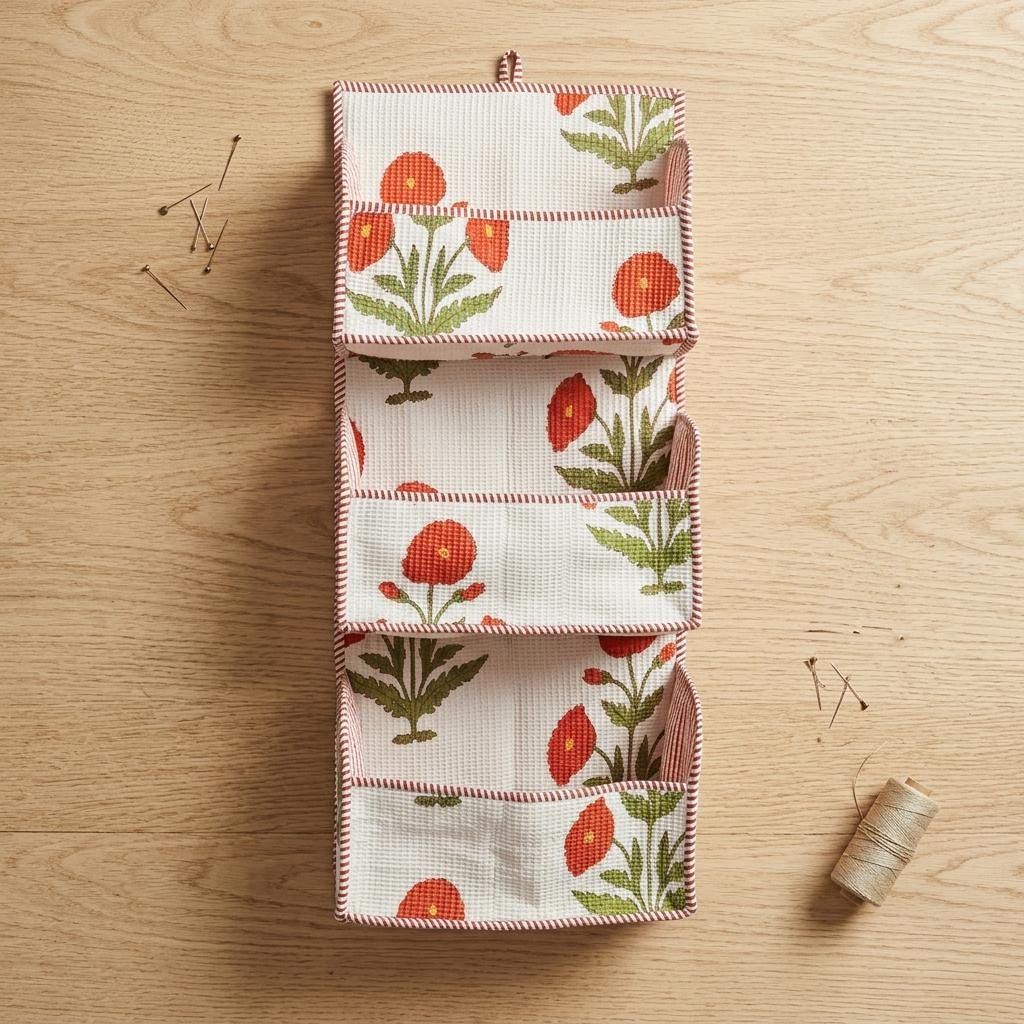 Hanging Wall Organizer with Pockets – Red Poppy Floral Fabric Storage for Bedroom, Office & Entryway