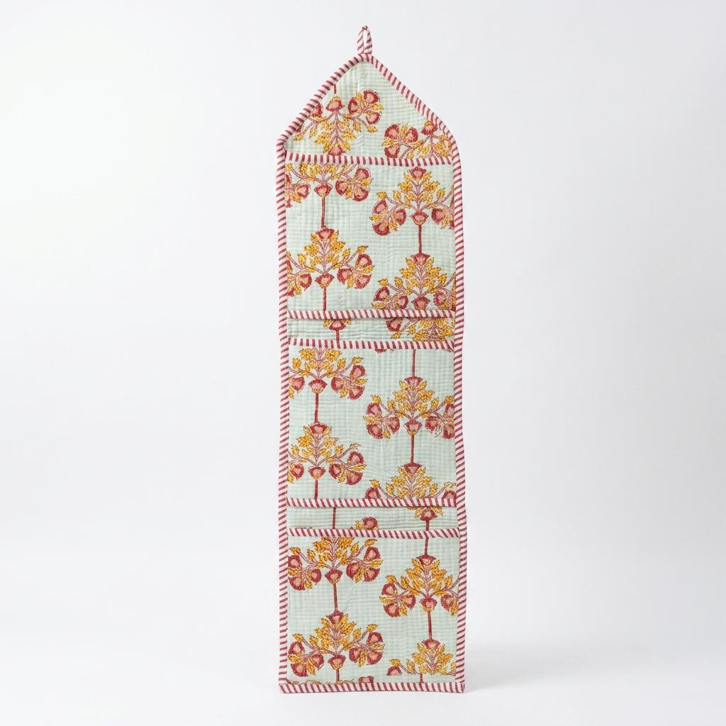 Floral Fabric Wall Hanging Organizer, Handcrafted Cotton Pocket Storage, Jaipur Block Print Holder