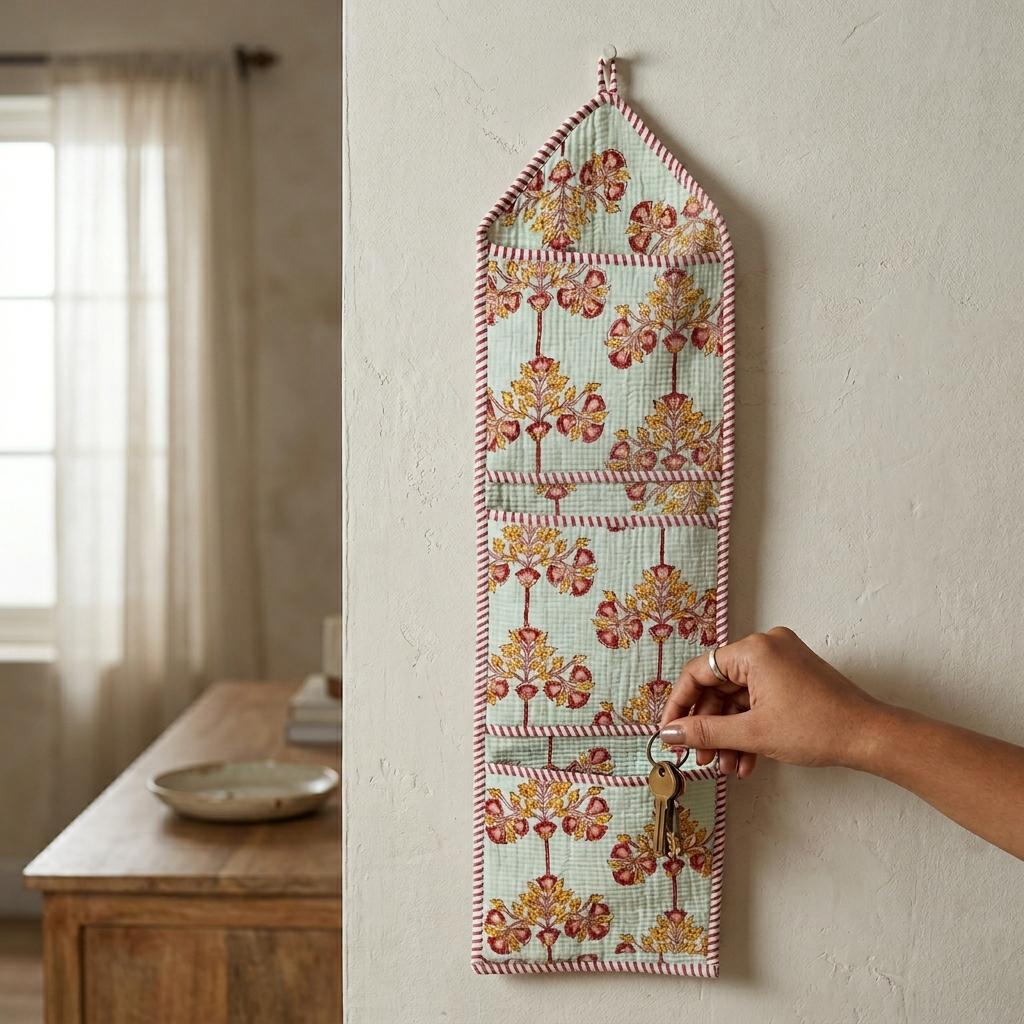 Floral Fabric Wall Hanging Organizer, Handcrafted Cotton Pocket Storage, Jaipur Block Print Holder