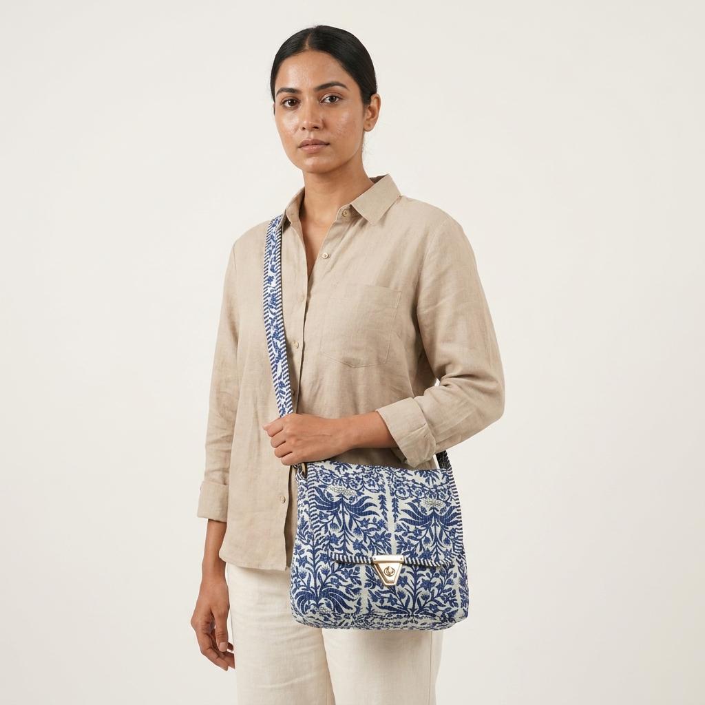 Blue Floral Quilted Crossbody Bag, Handcrafted Cotton Shoulder Purse, Block Print Travel Handbag