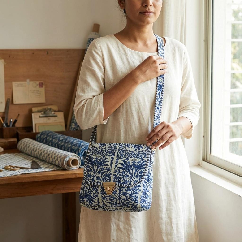Blue Floral Quilted Crossbody Bag, Handcrafted Cotton Shoulder Purse, Block Print Travel Handbag