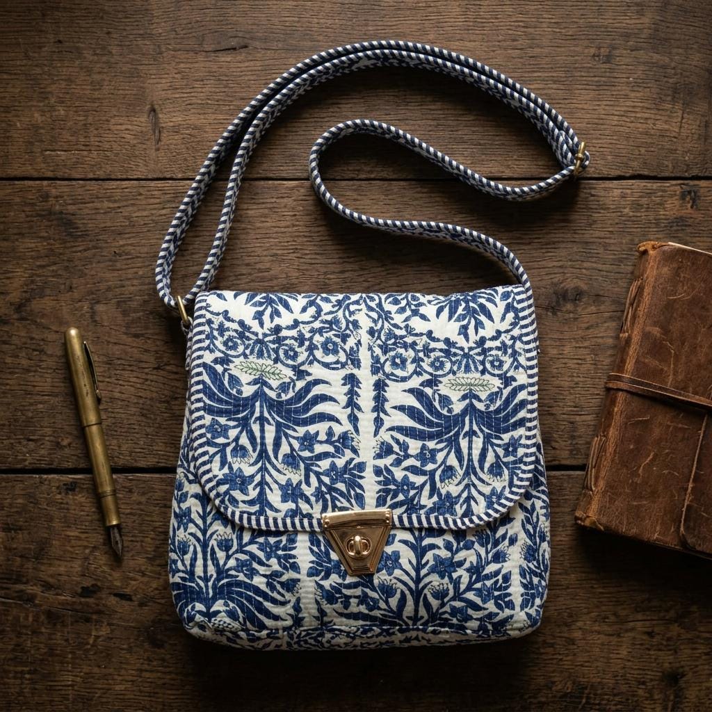 Blue Floral Quilted Crossbody Bag, Handcrafted Cotton Shoulder Purse, Block Print Travel Handbag
