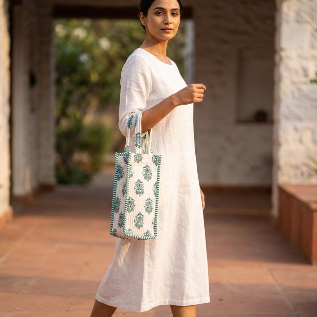 Green Floral Quilted Water Bottle Bag, Handcrafted Cotton Wine Holder, Travel Drink Carrier