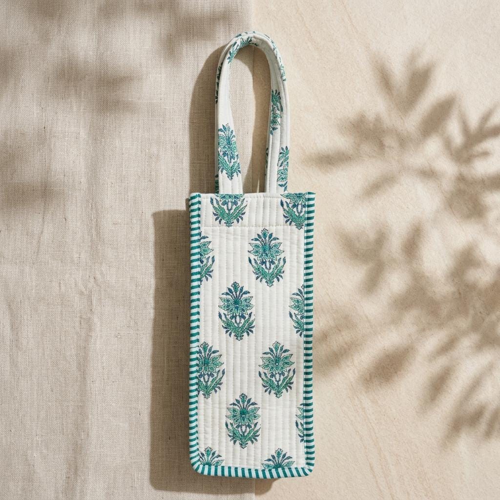 Green Floral Quilted Water Bottle Bag, Handcrafted Cotton Wine Holder, Travel Drink Carrier