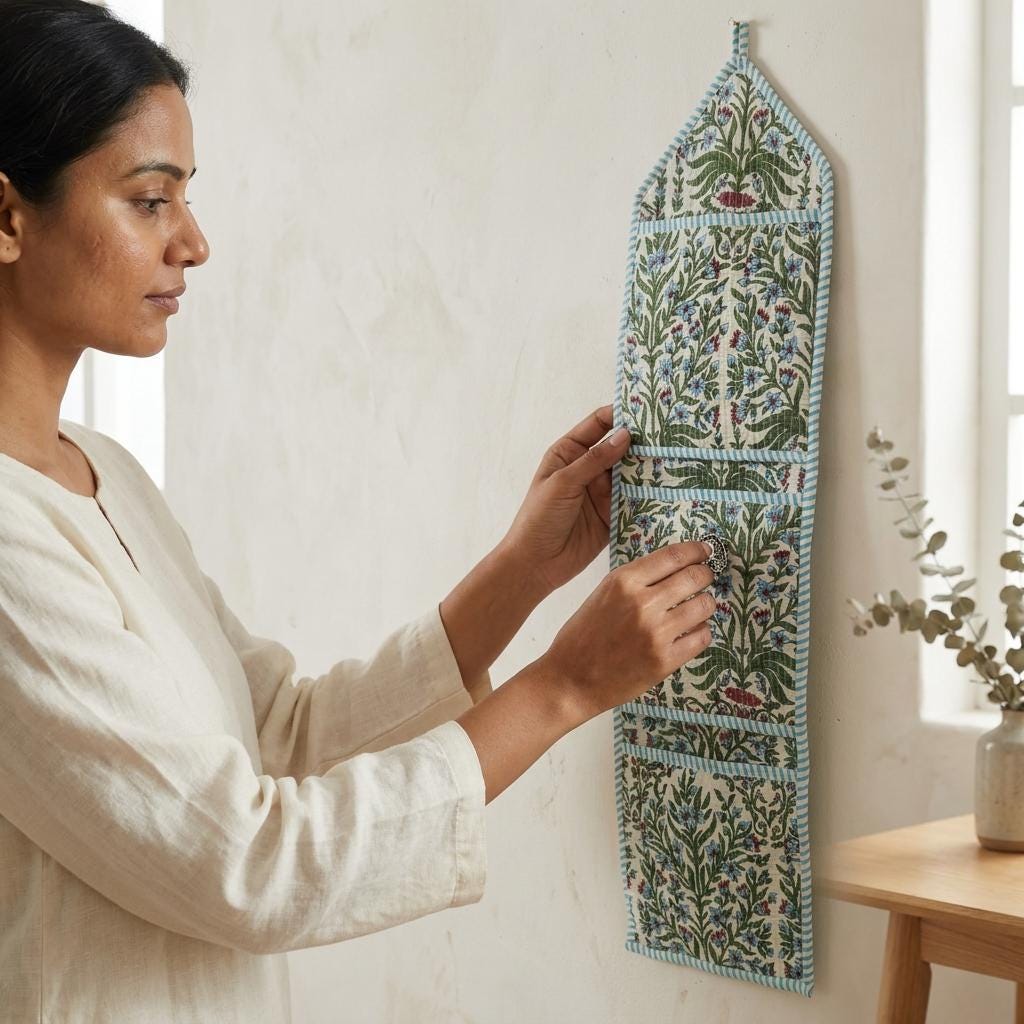 Floral Fabric Wall Hanging Organizer, Handcrafted Cotton Pocket Storage, Chintz Block Print Holder
