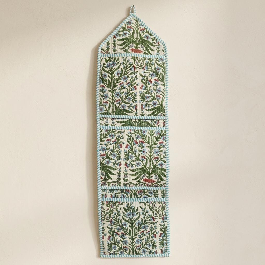 Floral Fabric Wall Hanging Organizer, Handcrafted Cotton Pocket Storage, Chintz Block Print Holder
