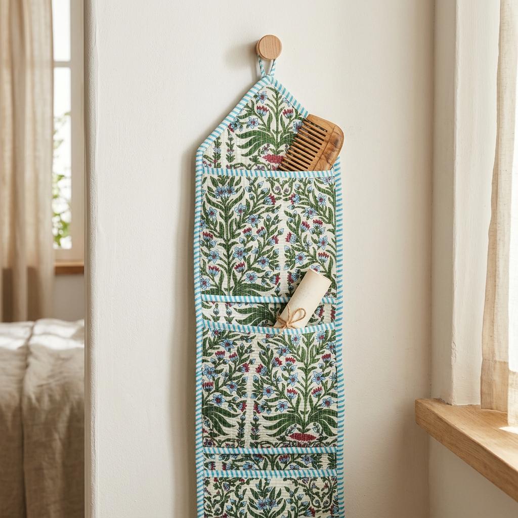 Floral Fabric Wall Hanging Organizer, Handcrafted Cotton Pocket Storage, Chintz Block Print Holder