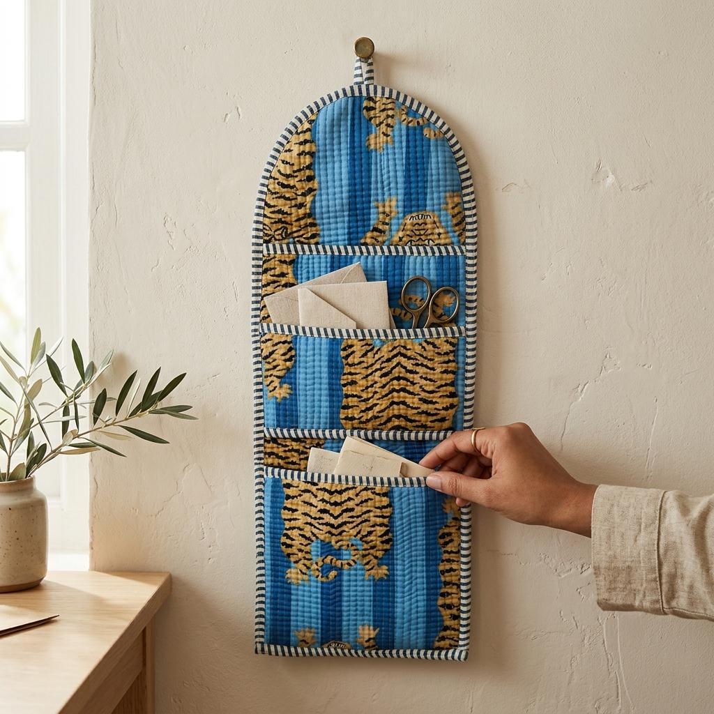 Tiger Print Fabric Wall Hanging Organizer, Handcrafted Cotton Pocket Storage, Blue Room Decor Holder