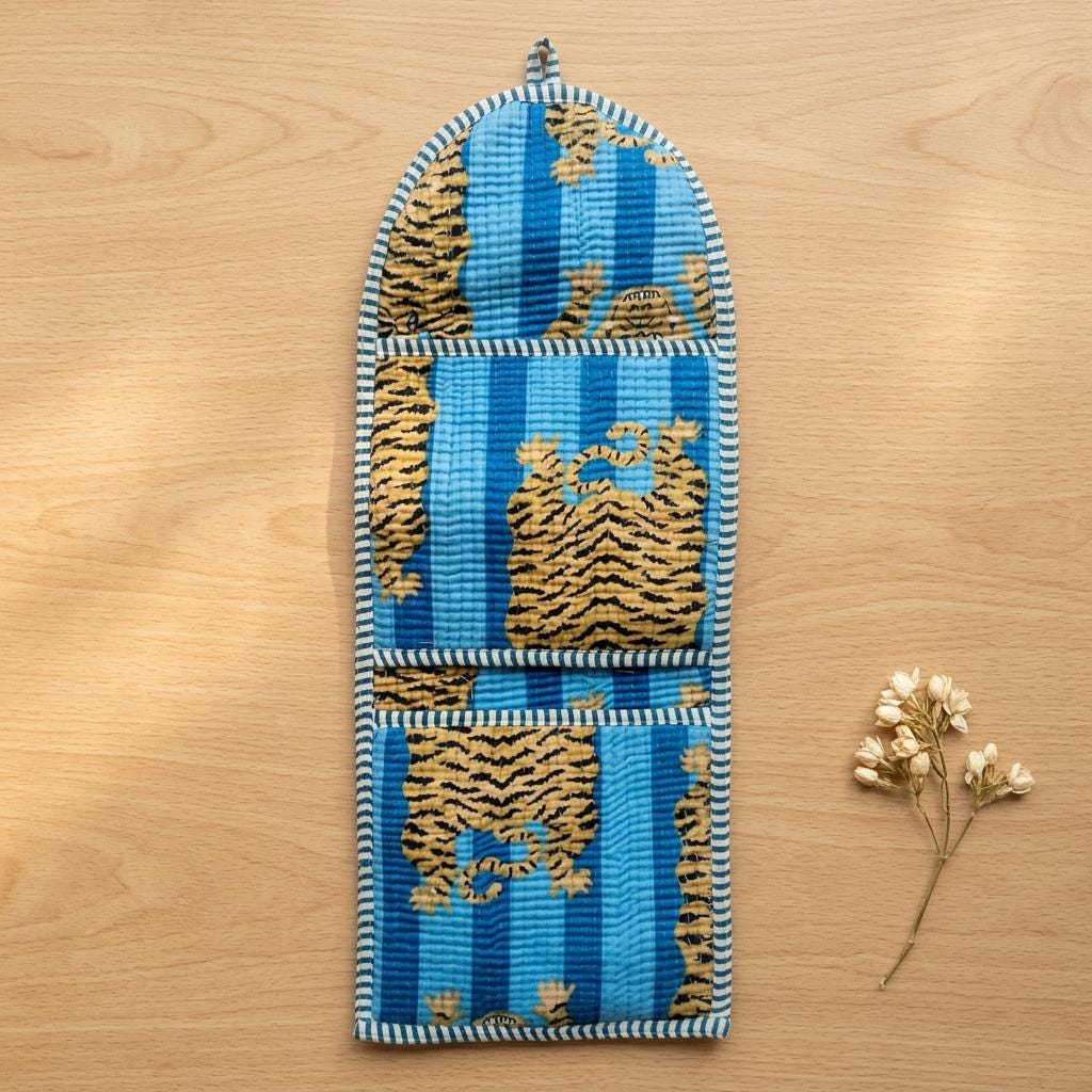 Tiger Print Fabric Wall Hanging Organizer, Handcrafted Cotton Pocket Storage, Blue Room Decor Holder