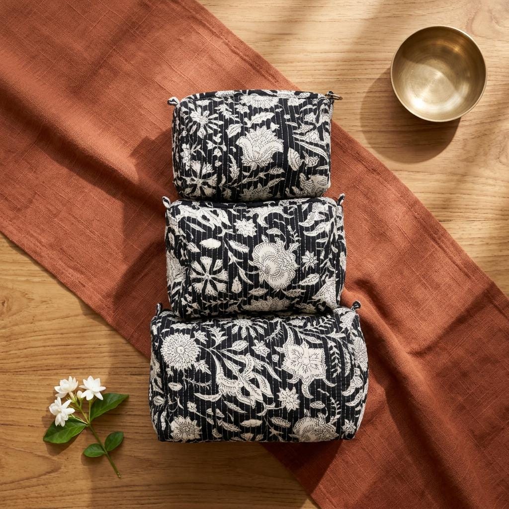 Quilted Black White Floral Cotton Cosmetic Bag Set Handmade Makeup Toiletry Travel Organizer Gift