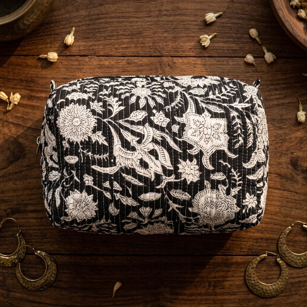 Quilted Black White Floral Cotton Cosmetic Bag Set Handmade Makeup Toiletry Travel Organizer Gift