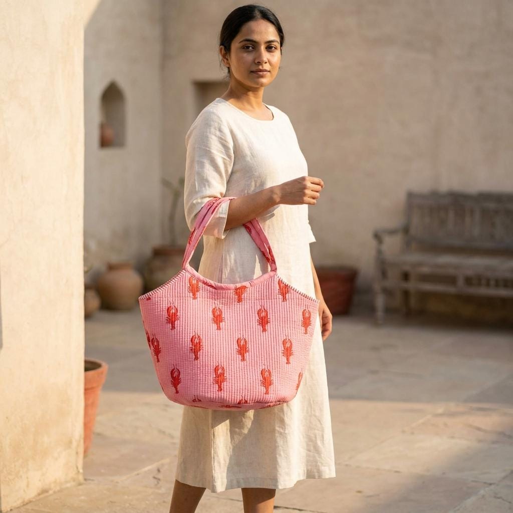 Pink Lobster Quilted Shoulder Tote Bag, Handcrafted Cotton Beach Purse, Coastal Pattern Handbag