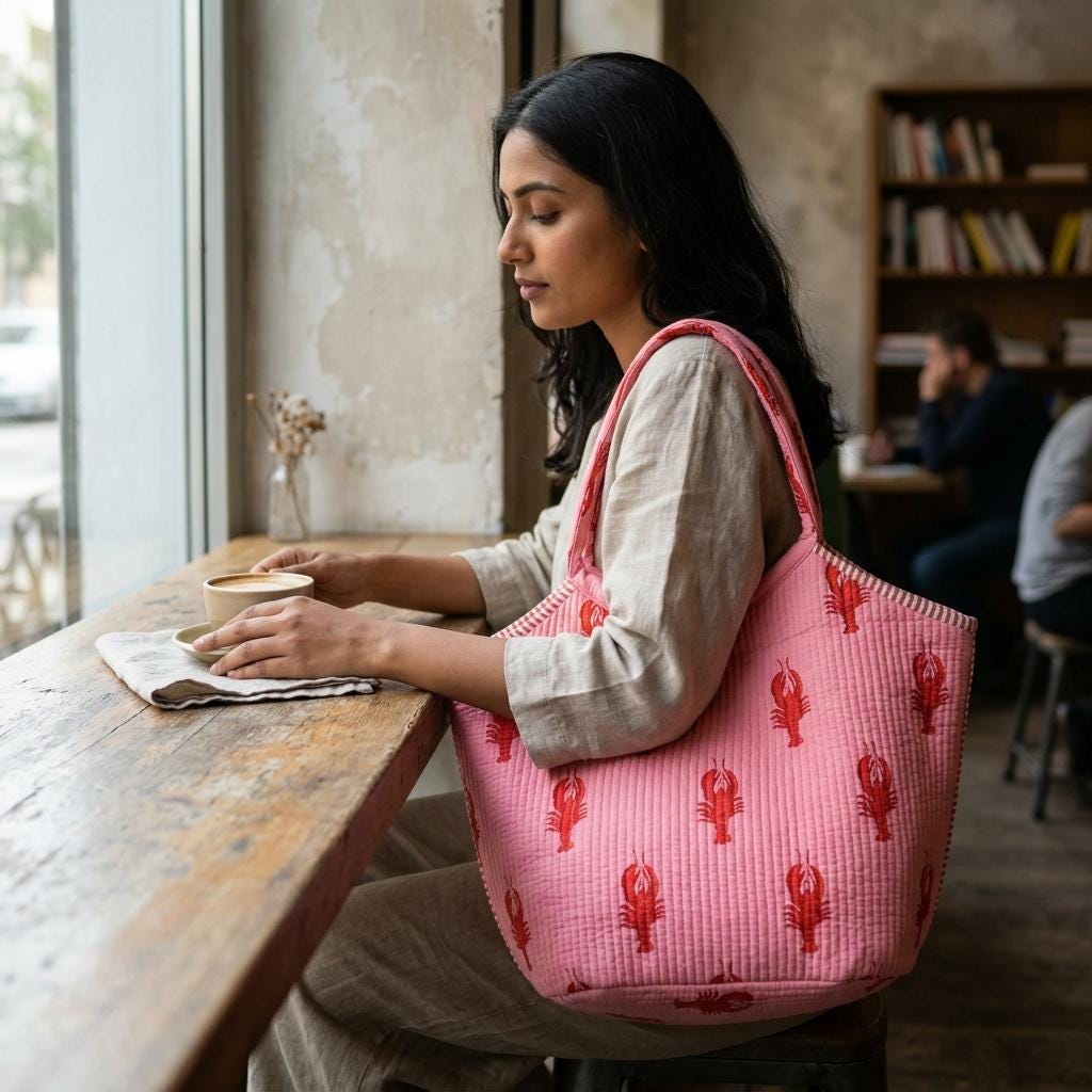 Pink Lobster Quilted Shoulder Tote Bag, Handcrafted Cotton Beach Purse, Coastal Pattern Handbag