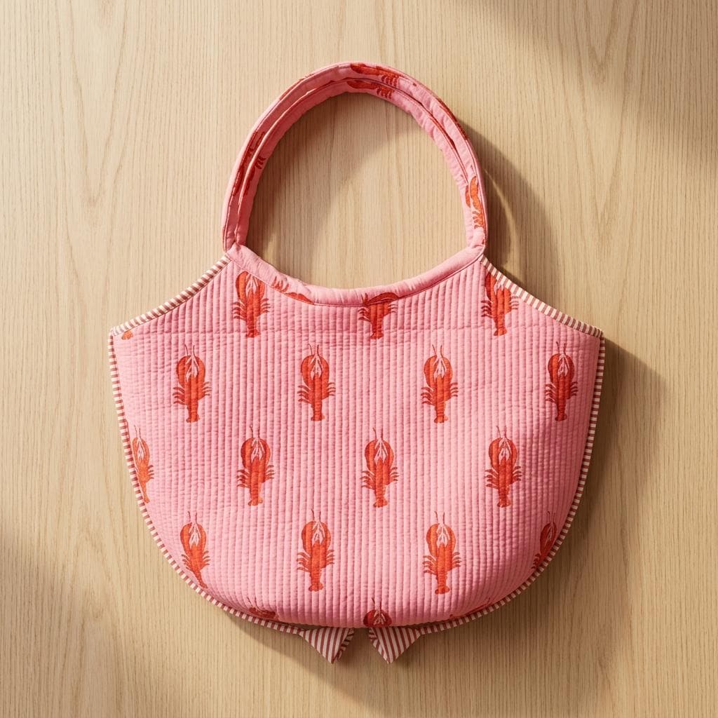Pink Lobster Quilted Shoulder Tote Bag, Handcrafted Cotton Beach Purse, Coastal Pattern Handbag
