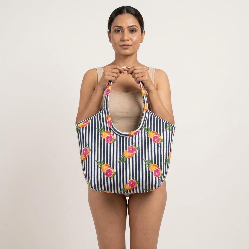 Citrus Print Quilted Shoulder Tote Bag, Handcrafted Cotton Market Purse, Striped Fruit Handbag
