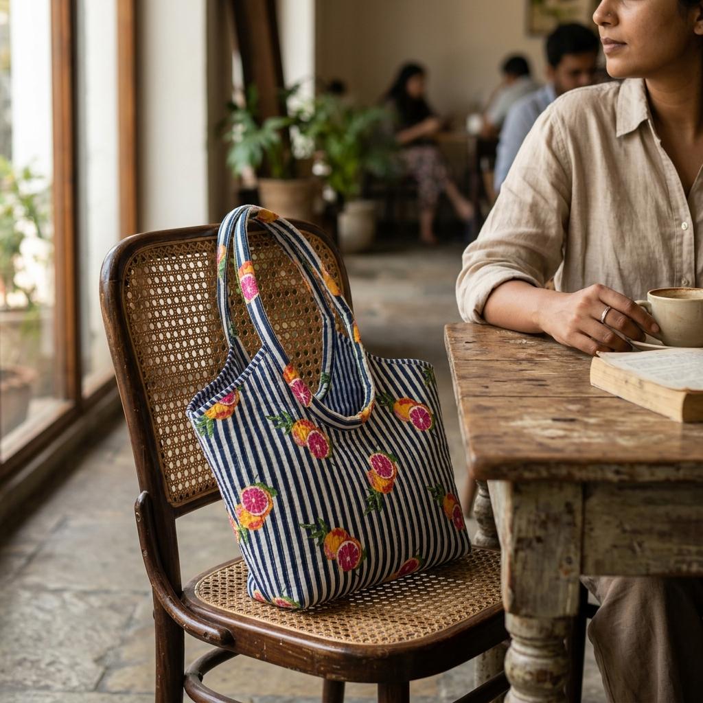 Citrus Print Quilted Shoulder Tote Bag, Handcrafted Cotton Market Purse, Striped Fruit Handbag