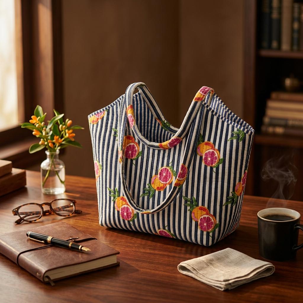 Citrus Print Quilted Shoulder Tote Bag, Handcrafted Cotton Market Purse, Striped Fruit Handbag