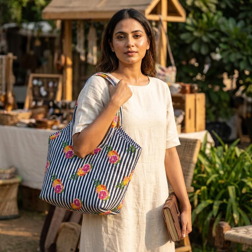 Citrus Print Quilted Shoulder Tote Bag, Handcrafted Cotton Market Purse, Striped Fruit Handbag