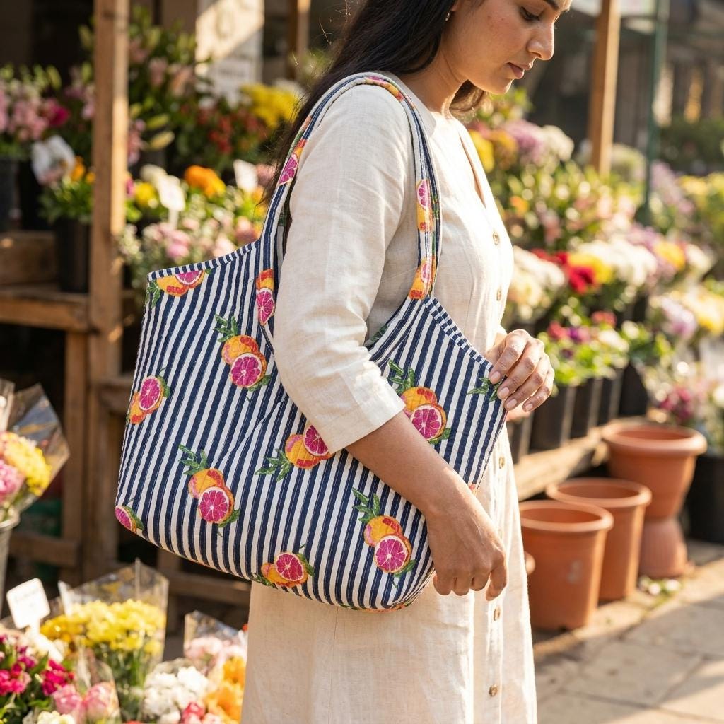 Citrus Print Quilted Shoulder Tote Bag, Handcrafted Cotton Market Purse, Striped Fruit Handbag
