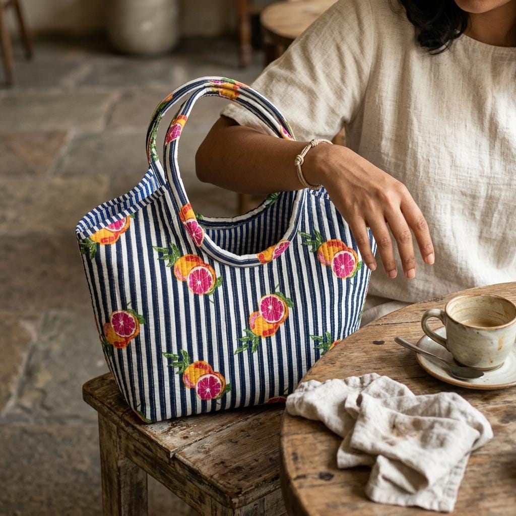 Citrus Print Quilted Shoulder Tote Bag, Handcrafted Cotton Market Purse, Striped Fruit Handbag