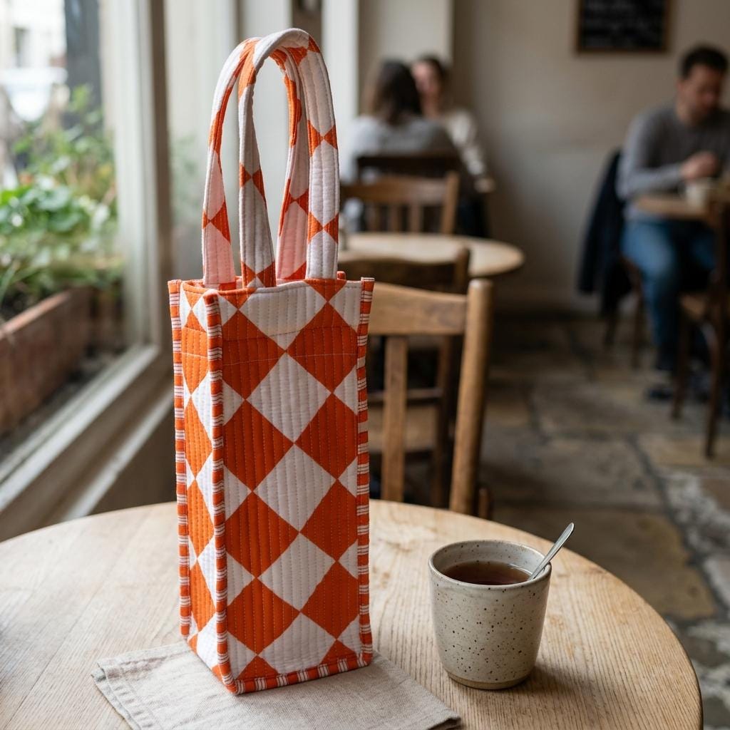 Orange Diamond Quilted Water Bottle Bag, Handcrafted Cotton Wine Holder, Geometric Drink Carrier