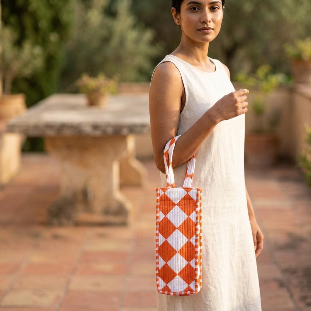 Orange Diamond Quilted Water Bottle Bag, Handcrafted Cotton Wine Holder, Geometric Drink Carrier