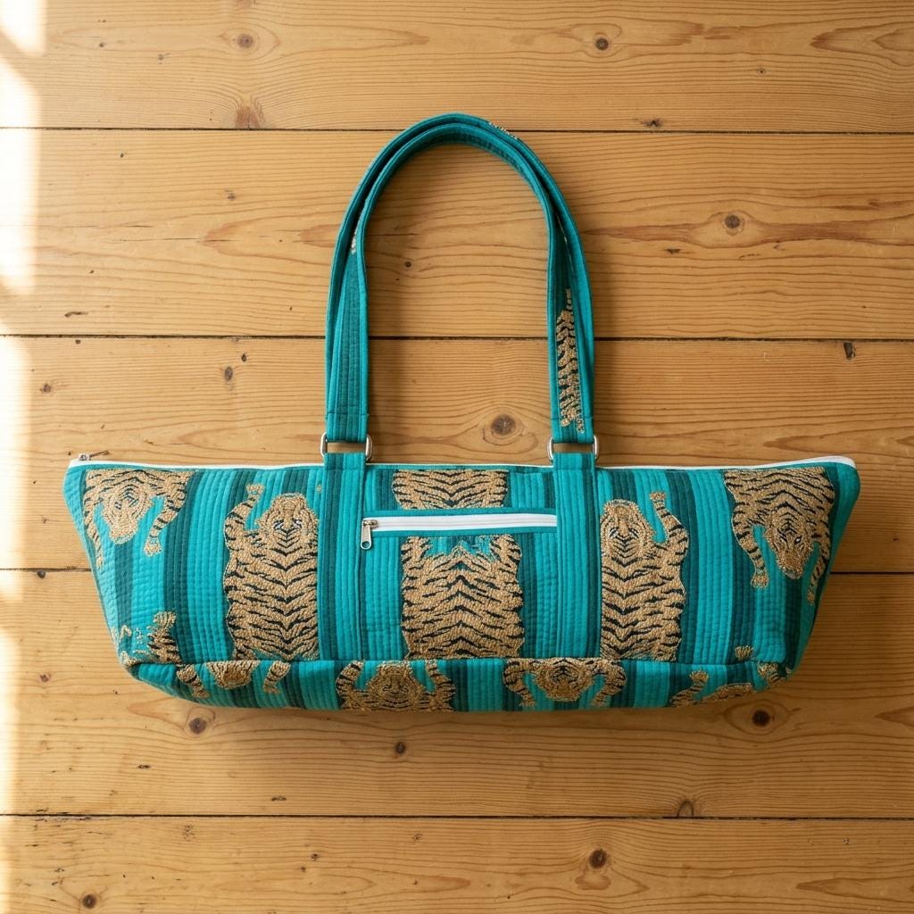 Quilted Tiger Cotton Yoga Mat Bag – Handmade Pilates Carrier Tote Gift For Her