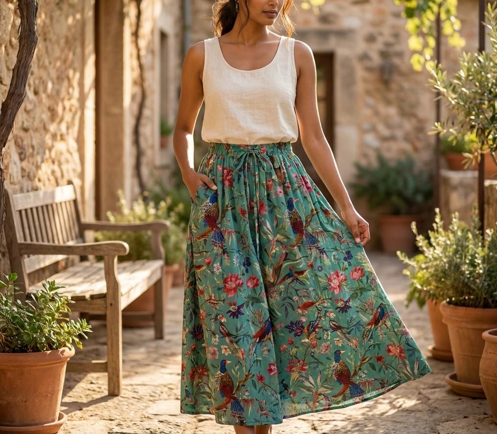 Green Bird Floral Cotton Midi Skirt – Women's Elastic Waist Drawstring Boho Summer Gift