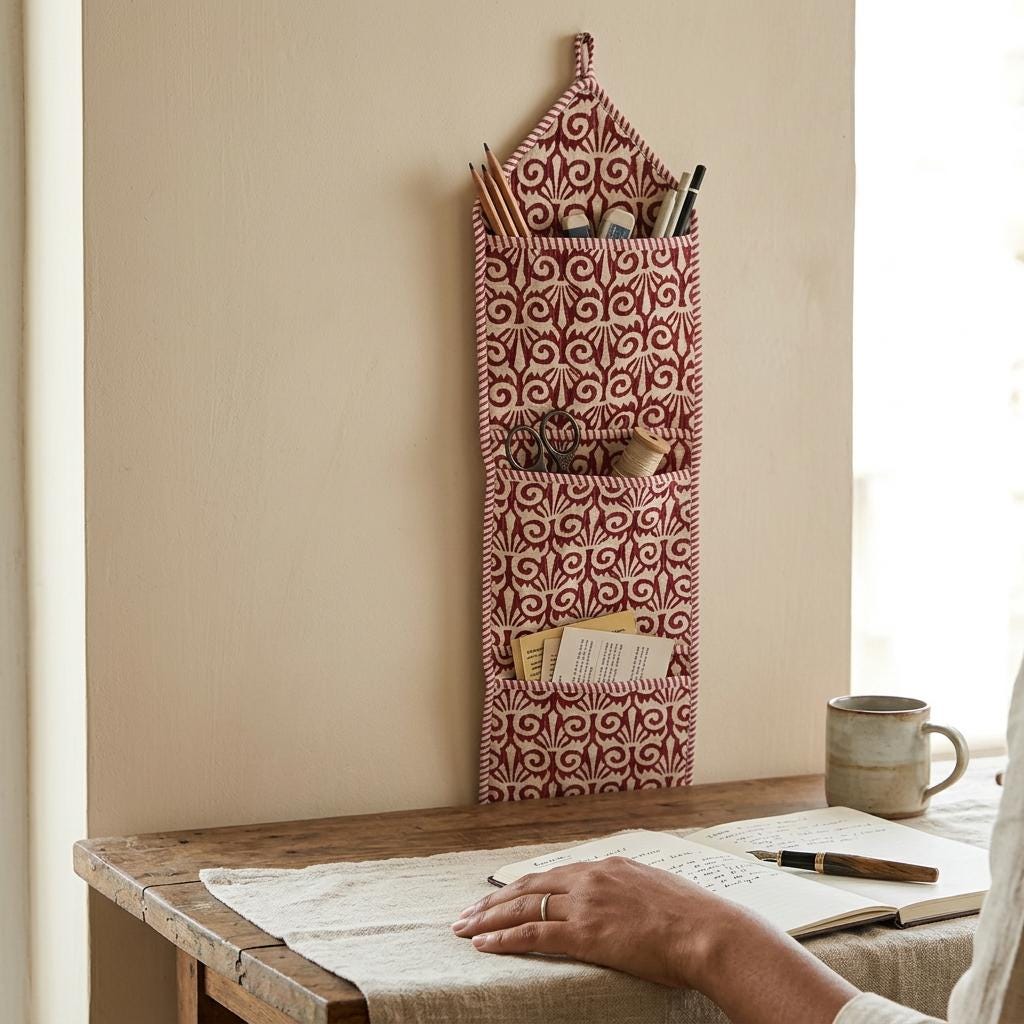 Red Fabric Wall Hanging Organizer, Handcrafted Cotton Pocket Storage, Maroon Room Decor Holder