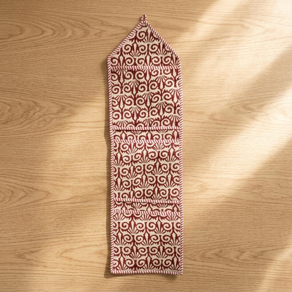 Red Fabric Wall Hanging Organizer, Handcrafted Cotton Pocket Storage, Maroon Room Decor Holder