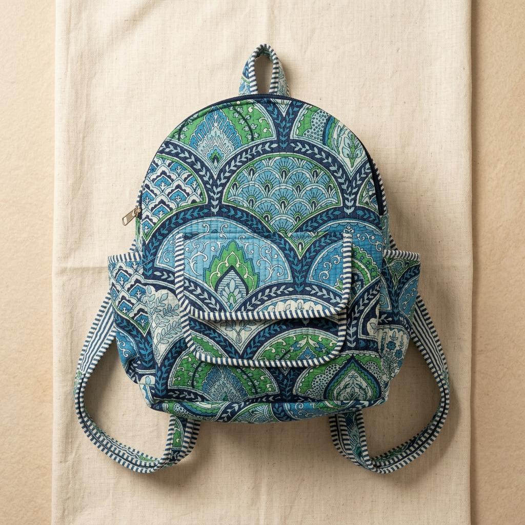 Blue Floral Quilted Cotton Backpack Bag, Handcrafted Travel Daypack, Block Print School Rucksack
