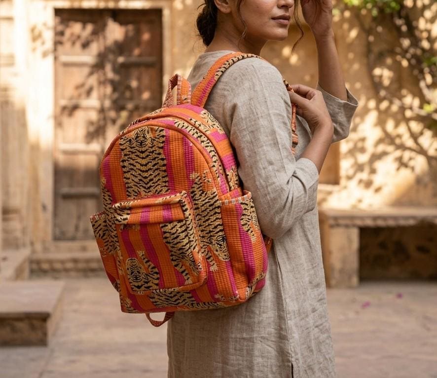Quilted Pink Orange Tiger Cotton Backpack Handmade Travel School Bag Gift For Her Boho