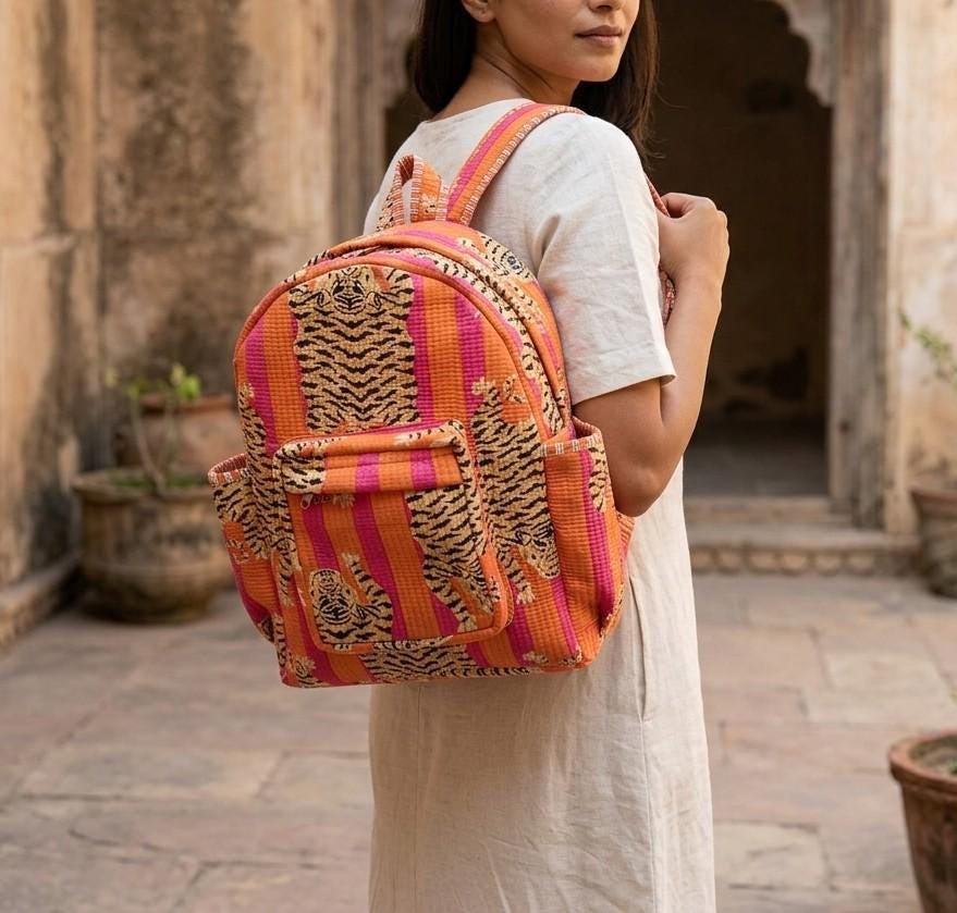 Quilted Pink Orange Tiger Cotton Backpack Handmade Travel School Bag Gift For Her Boho
