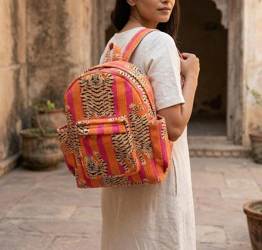 Quilted Pink Orange Tiger Cotton Backpack Handmade Travel School Bag Gift For Her Boho