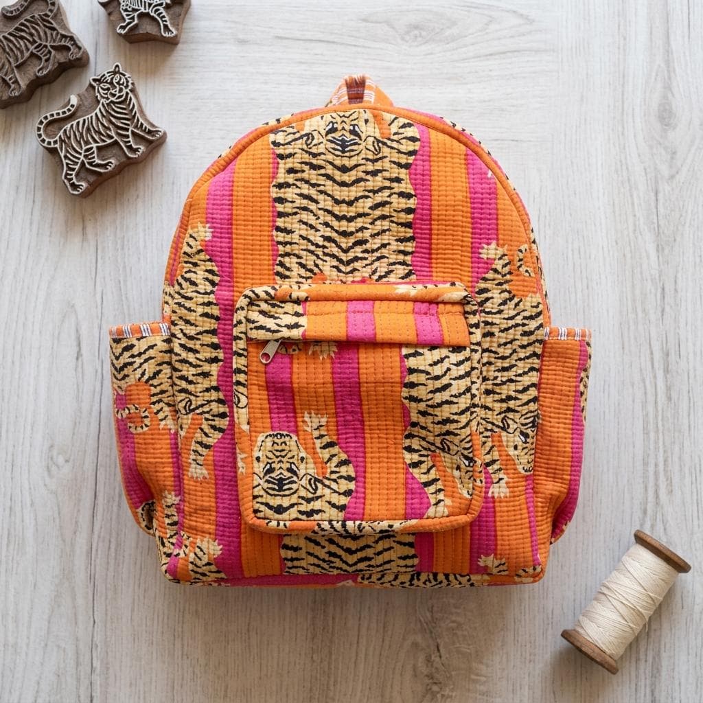 Quilted Pink Orange Tiger Cotton Backpack Handmade Travel School Bag Gift For Her Boho