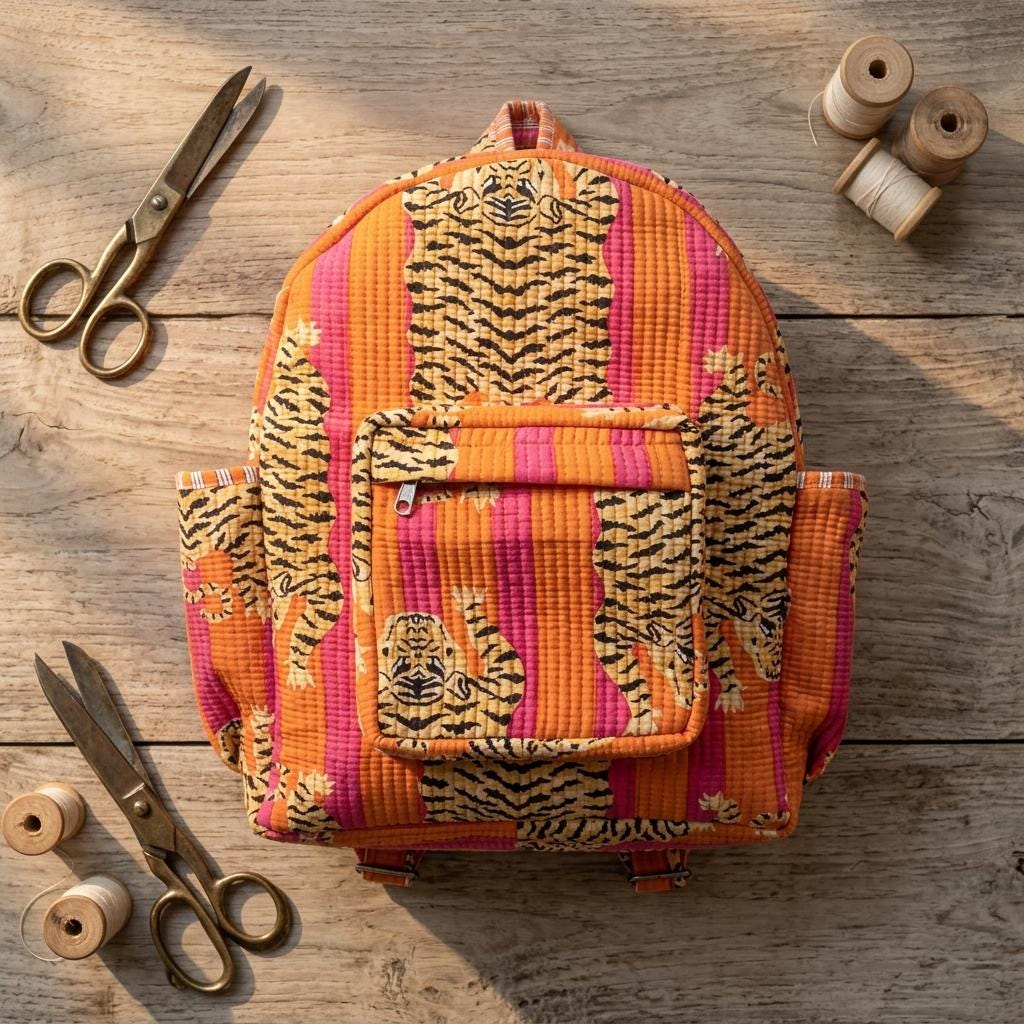 Quilted Pink Orange Tiger Cotton Backpack Handmade Travel School Bag Gift For Her Boho