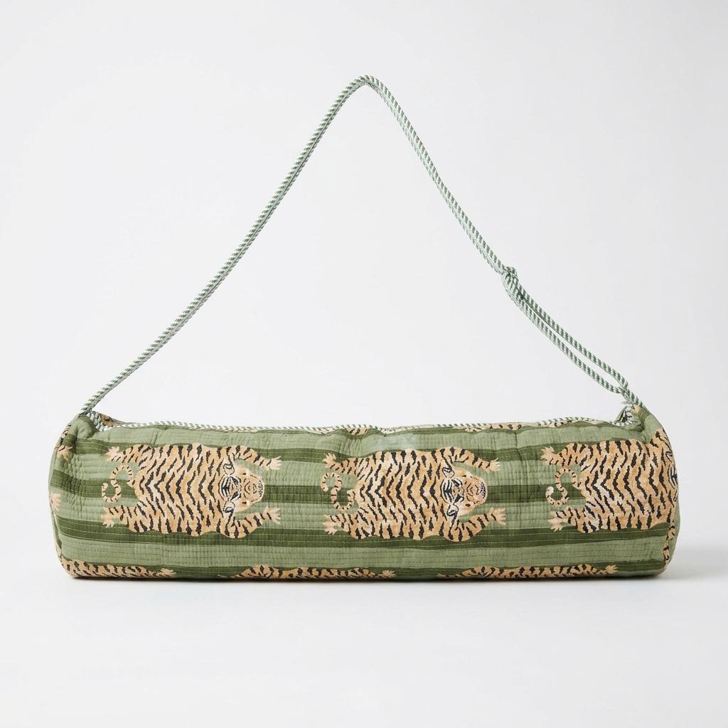 Quilted Green Tiger Cotton Yoga Mat Bag Handmade Pilates Carrier Sling Purse Gift Her