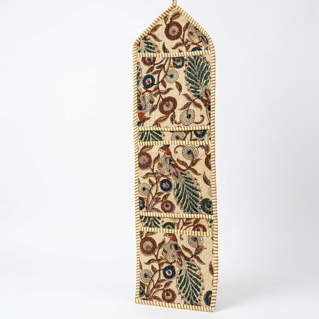 Kalamkari Fabric Wall Hanging Organizer, Handcrafted Cotton Pocket Storage, Beige Bird Decor Holder