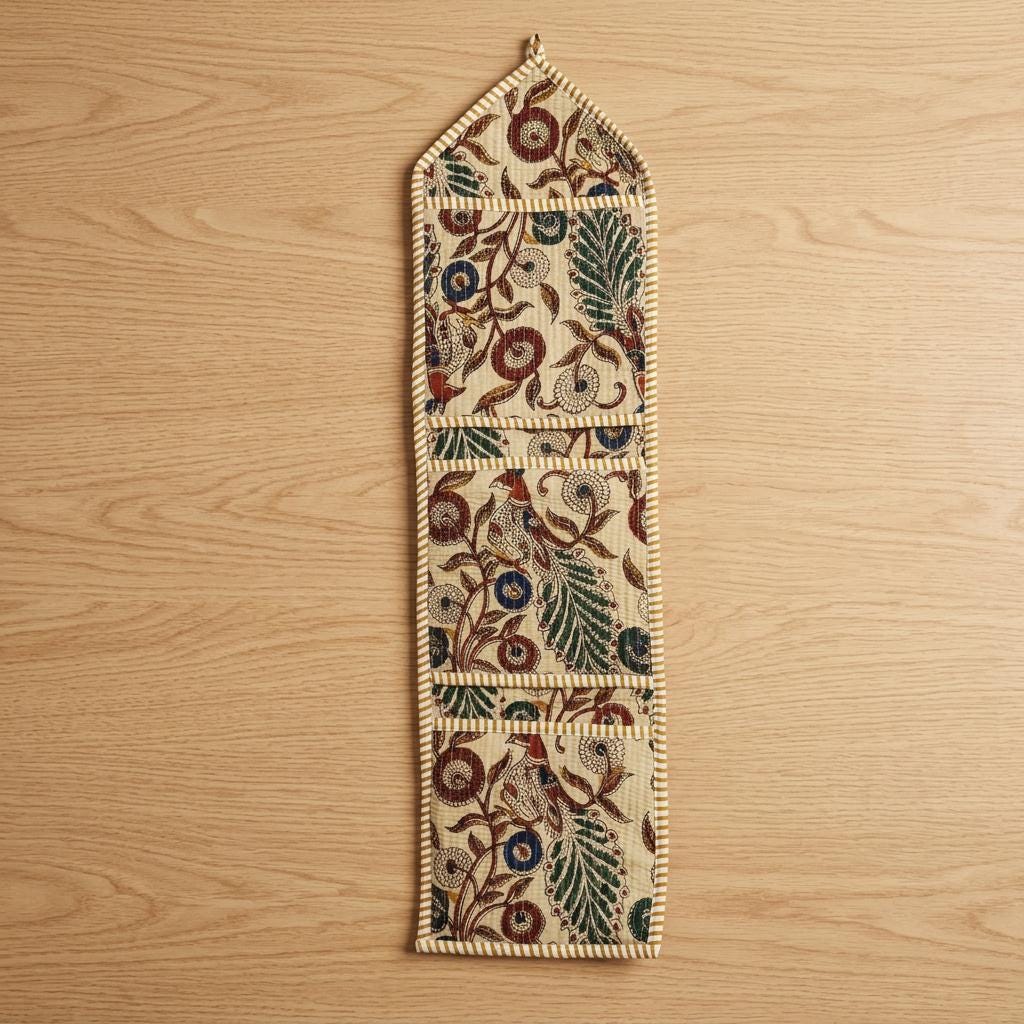 Kalamkari Fabric Wall Hanging Organizer, Handcrafted Cotton Pocket Storage, Beige Bird Decor Holder